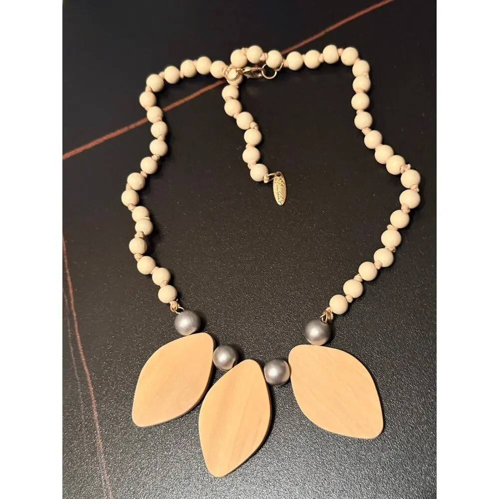 Plunder Boutique Boho Wood Statement Necklace Neutral Beaded Artisan Jewelry